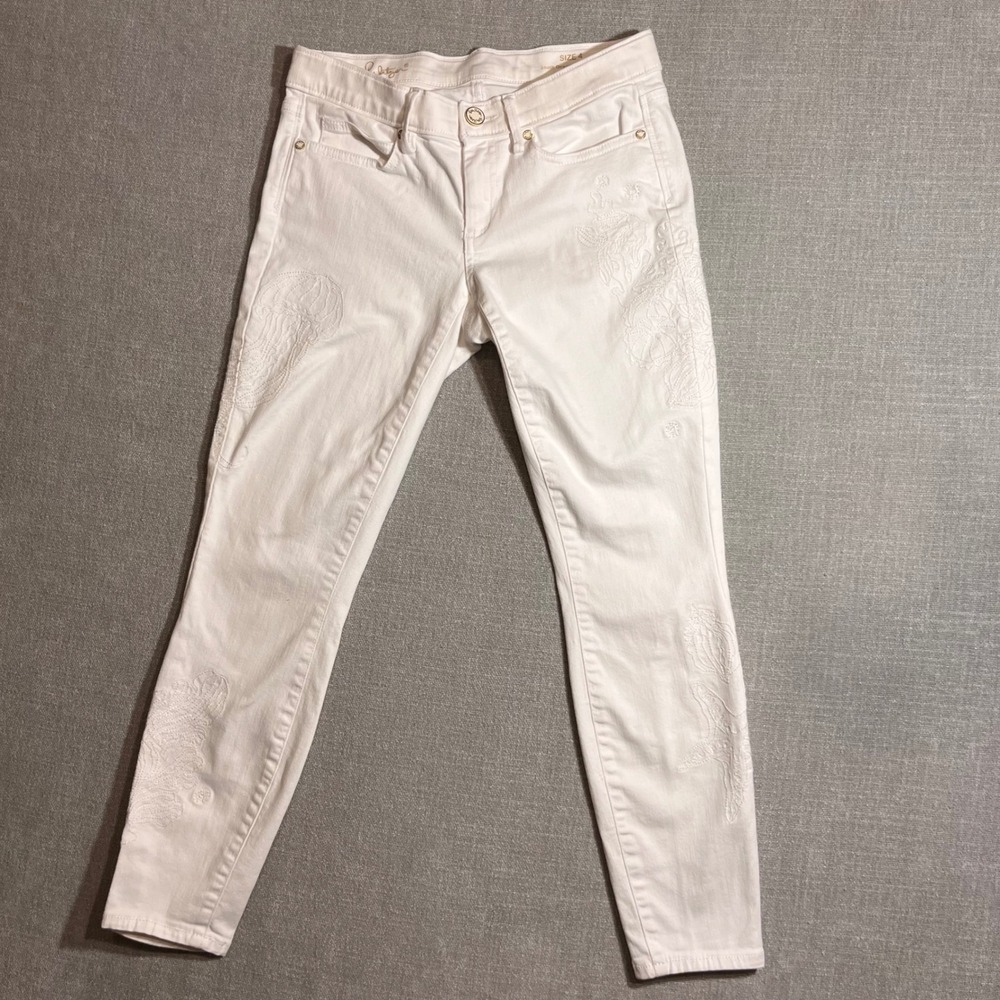 Lilly Pulitzer South Ocean Skinny Jeans White Jellyfish Embroidery Size 4 - Picture 1 of 9